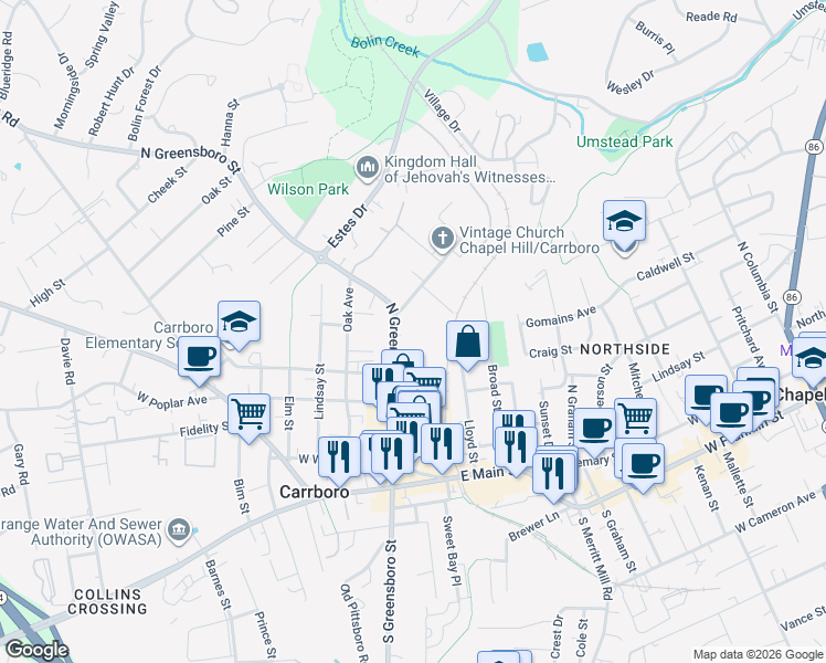 map of restaurants, bars, coffee shops, grocery stores, and more near 502A North Greensboro Street in Carrboro