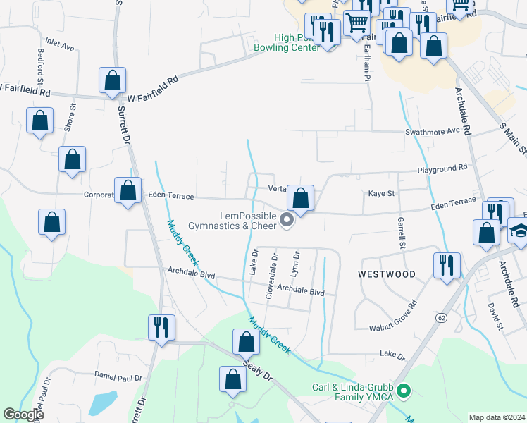 map of restaurants, bars, coffee shops, grocery stores, and more near 102 Terrace Trace Court in Archdale