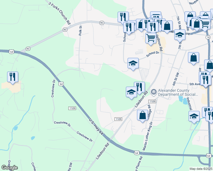 map of restaurants, bars, coffee shops, grocery stores, and more near 401 Alexander Acres Drive in Township of Taylorsville