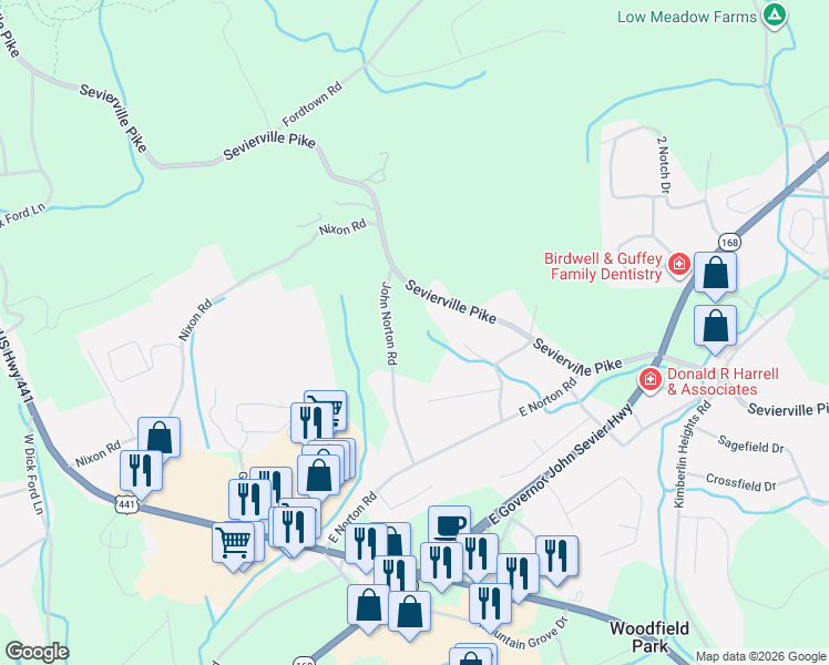 map of restaurants, bars, coffee shops, grocery stores, and more near 7210 John Norton Road in Knoxville