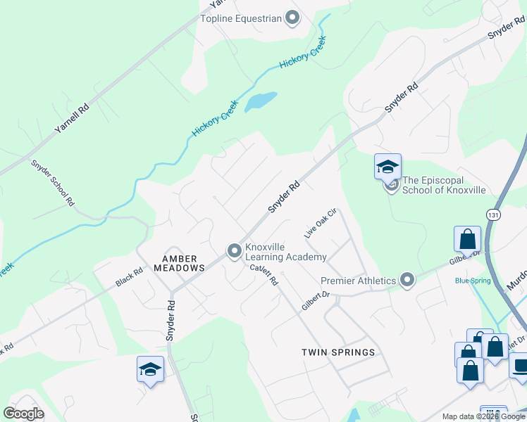 map of restaurants, bars, coffee shops, grocery stores, and more near 11328 Snyder Road in Knoxville