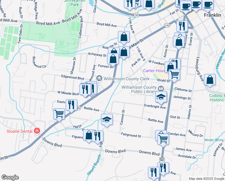 map of restaurants, bars, coffee shops, grocery stores, and more near 173 Spring Street in Franklin