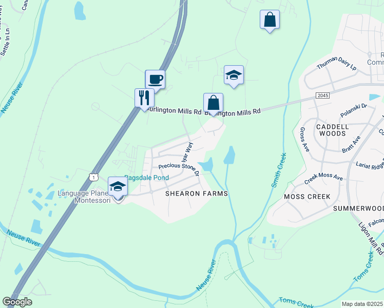 map of restaurants, bars, coffee shops, grocery stores, and more near 4506 Tarkiln Place in Wake Forest