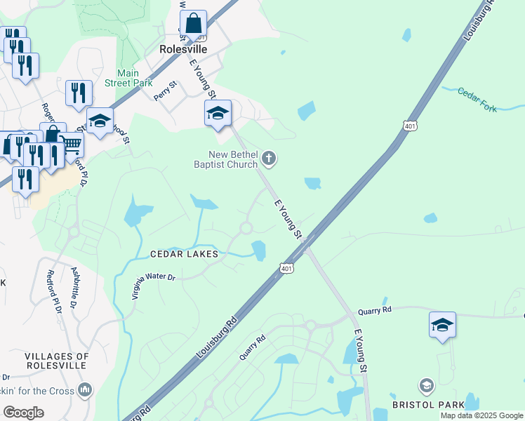 map of restaurants, bars, coffee shops, grocery stores, and more near 601 Toledo Court in Rolesville