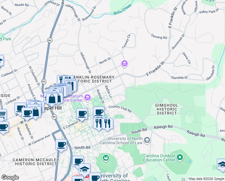 map of restaurants, bars, coffee shops, grocery stores, and more near 112 Battle Lane in Chapel Hill