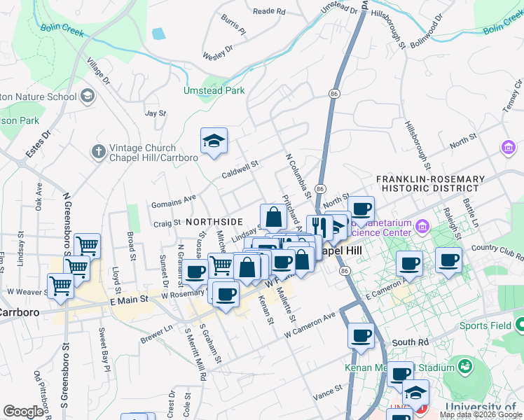 map of restaurants, bars, coffee shops, grocery stores, and more near 308 Lindsay Street in Chapel Hill