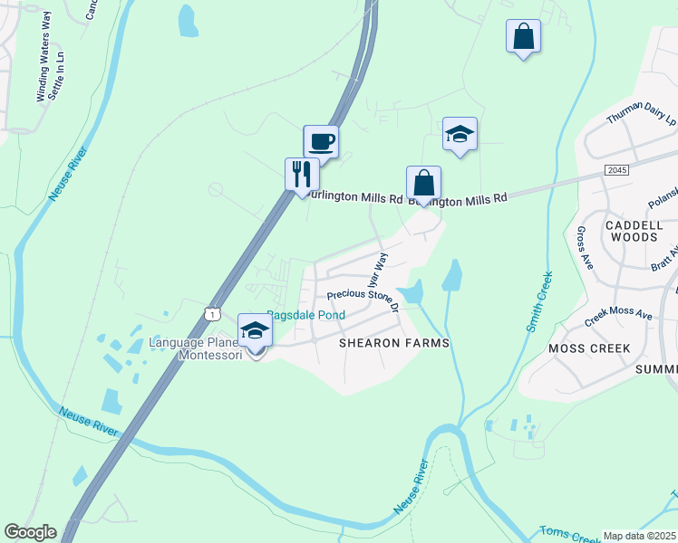 map of restaurants, bars, coffee shops, grocery stores, and more near 4460 Middletown Drive in Wake Forest