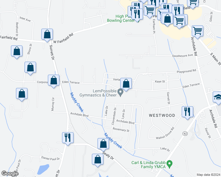 map of restaurants, bars, coffee shops, grocery stores, and more near 220 Terrace Trace Court in Archdale