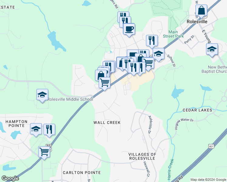 map of restaurants, bars, coffee shops, grocery stores, and more near 100 Wall Creek Drive in Rolesville