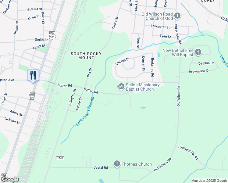 map of restaurants, bars, coffee shops, grocery stores, and more near 720 Sutton Road in Rocky Mount