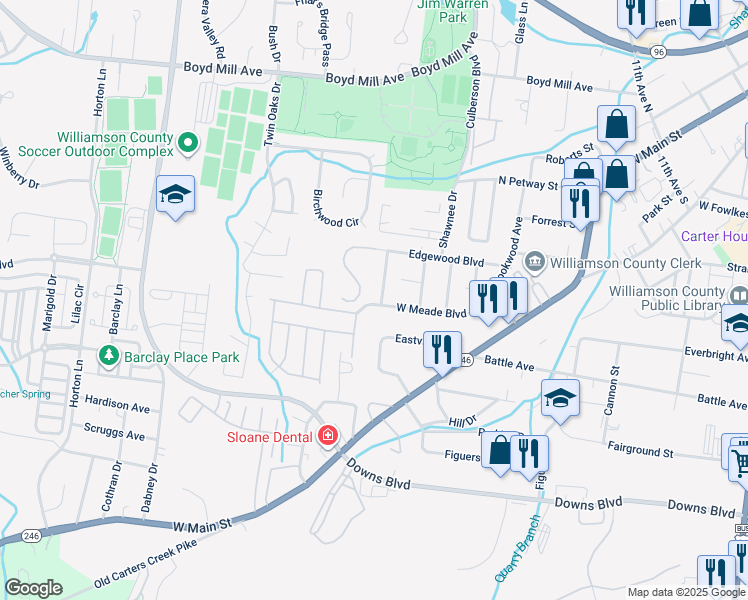 map of restaurants, bars, coffee shops, grocery stores, and more near 1309 Robin Hill Road in Franklin