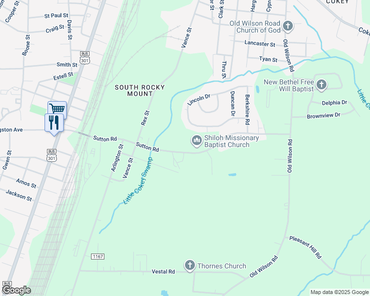 map of restaurants, bars, coffee shops, grocery stores, and more near 720 Sutton Road in Rocky Mount