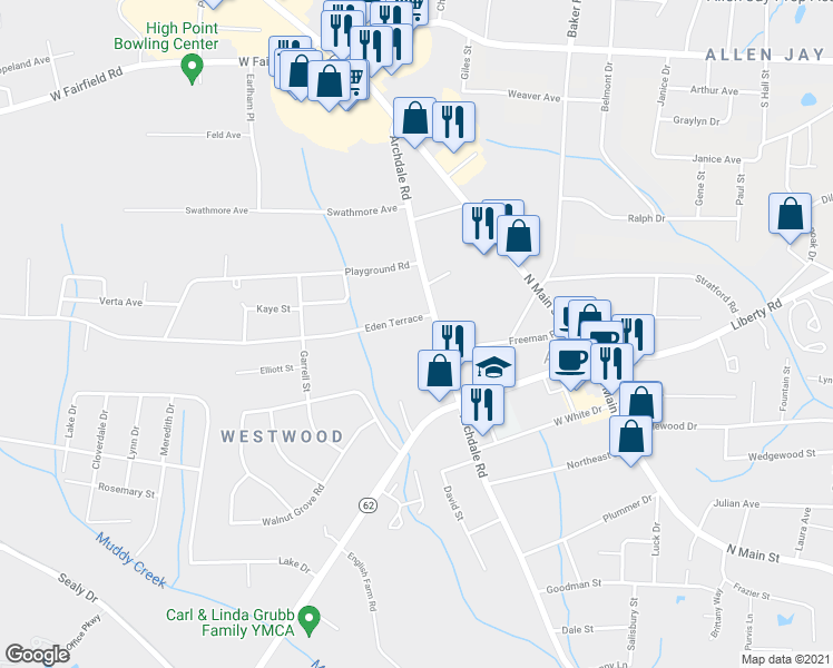 map of restaurants, bars, coffee shops, grocery stores, and more near 3204 Archdale Road in Archdale