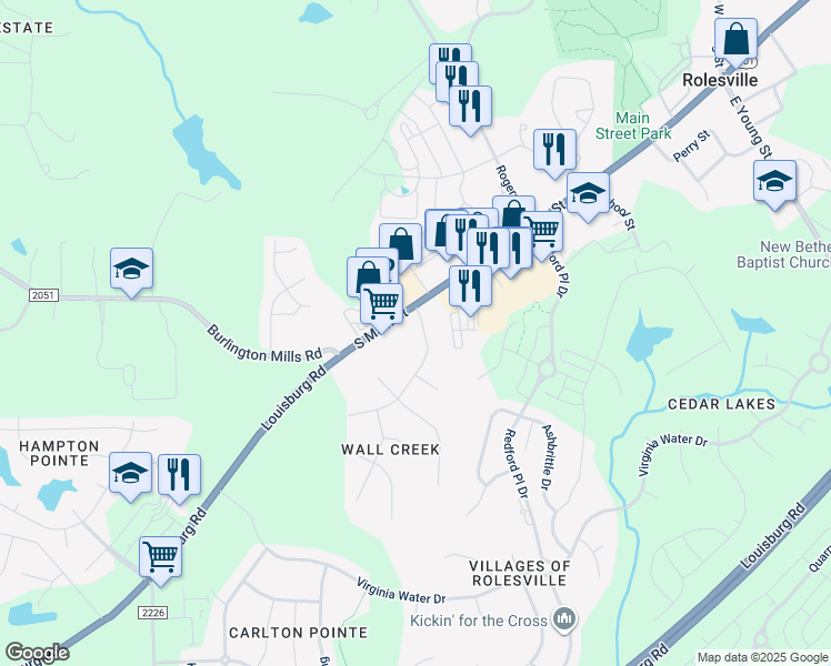 map of restaurants, bars, coffee shops, grocery stores, and more near 100 Wall Creek Drive in Rolesville