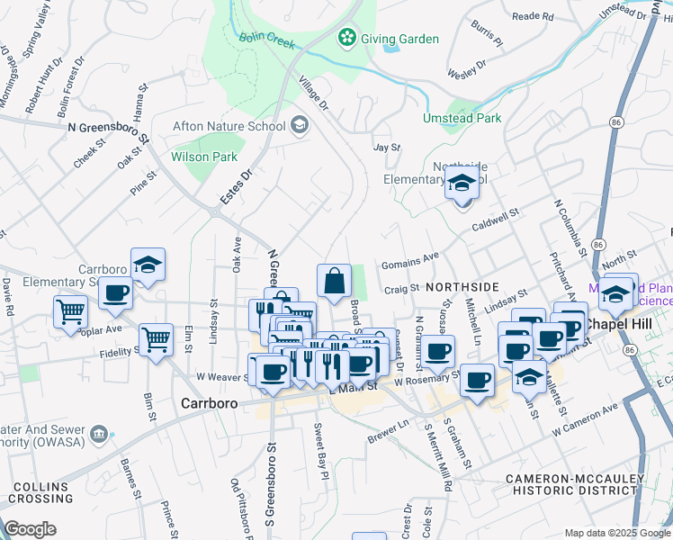 map of restaurants, bars, coffee shops, grocery stores, and more near 107 Hill Street in Carrboro