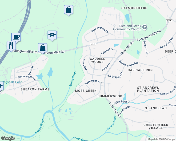 map of restaurants, bars, coffee shops, grocery stores, and more near 2716 Gross Avenue in Wake Forest