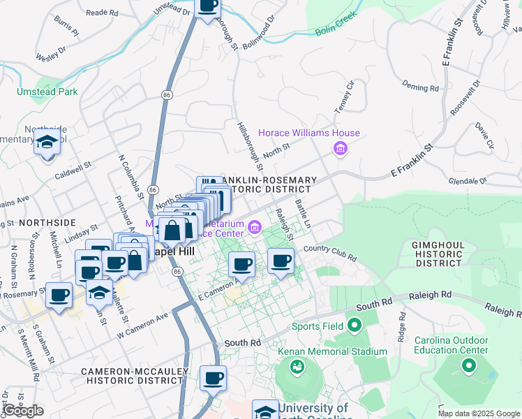 map of restaurants, bars, coffee shops, grocery stores, and more near 304 East Franklin Street in Chapel Hill