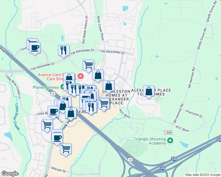 map of restaurants, bars, coffee shops, grocery stores, and more near 7709 Alexander Promenade PI in Raleigh