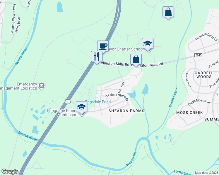 map of restaurants, bars, coffee shops, grocery stores, and more near 4459 Middletown Drive in Wake Forest