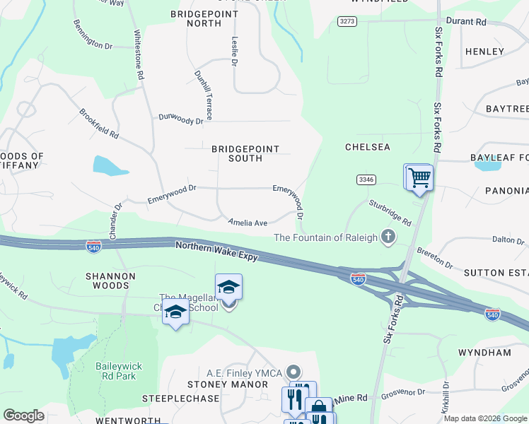 map of restaurants, bars, coffee shops, grocery stores, and more near 413 Emerywood Drive in Raleigh