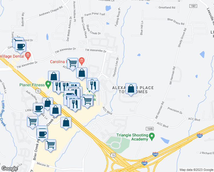 map of restaurants, bars, coffee shops, grocery stores, and more near 7831 Estate Hill Street in Raleigh