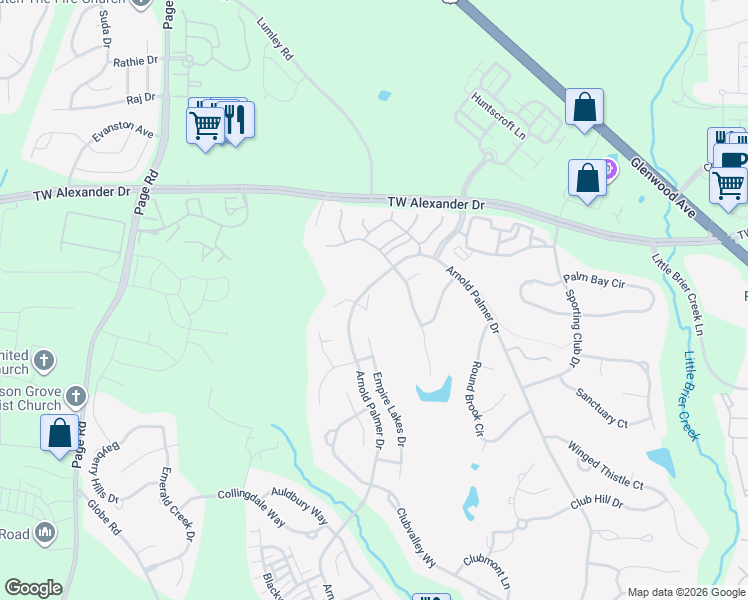 map of restaurants, bars, coffee shops, grocery stores, and more near 10721 Arnold Palmer Drive in Raleigh