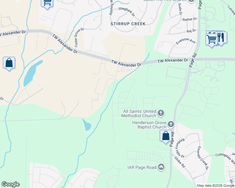 map of restaurants, bars, coffee shops, grocery stores, and more near 109 Journey Place in Durham