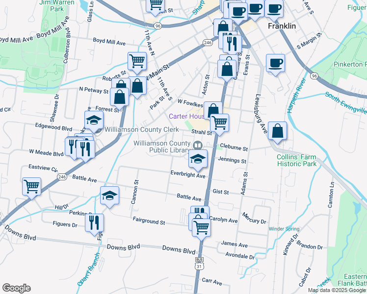 map of restaurants, bars, coffee shops, grocery stores, and more near 1227 Carter Street in Franklin