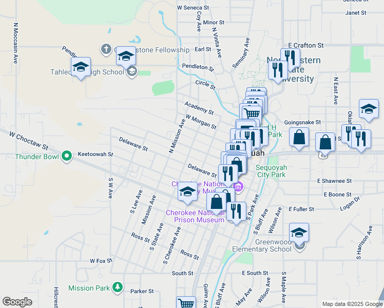 map of restaurants, bars, coffee shops, grocery stores, and more near 377 West Harrison Street in Tahlequah