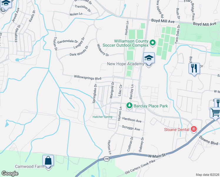 map of restaurants, bars, coffee shops, grocery stores, and more near 318 Sundance Lane in Franklin
