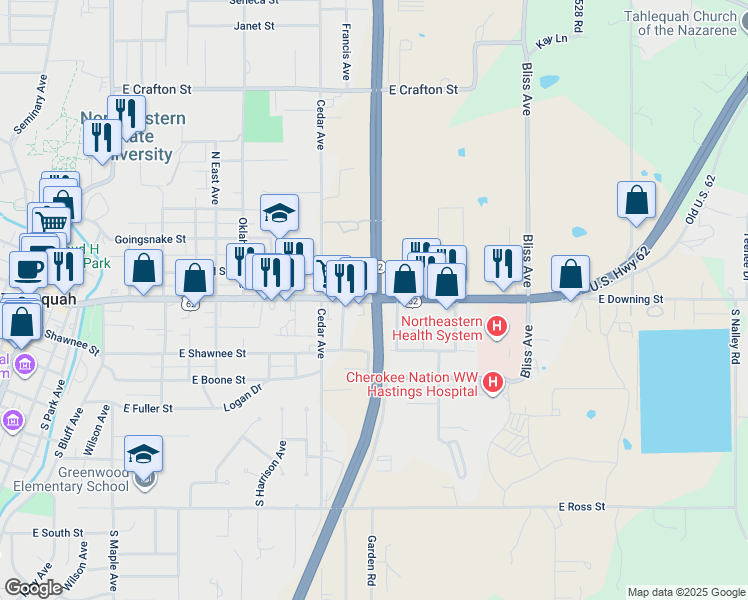 map of restaurants, bars, coffee shops, grocery stores, and more near Oklahoma 82 in Tahlequah