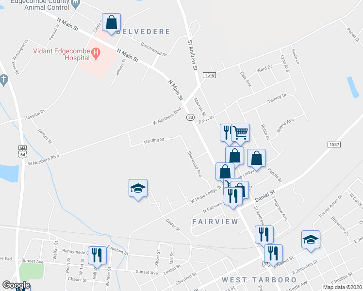 map of restaurants, bars, coffee shops, grocery stores, and more near 2260 Sherwood Avenue in Tarboro