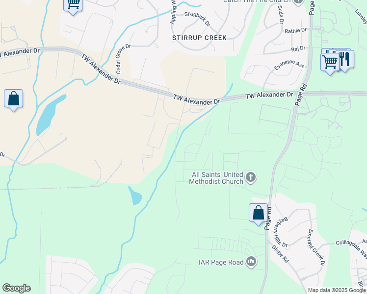 map of restaurants, bars, coffee shops, grocery stores, and more near 109 Journey Place in Durham