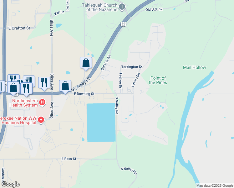 map of restaurants, bars, coffee shops, grocery stores, and more near 18001 South Nalley Road in Tahlequah
