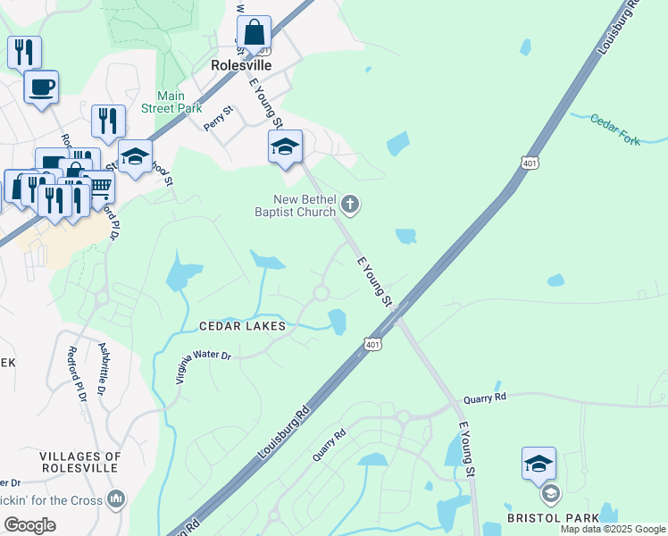 map of restaurants, bars, coffee shops, grocery stores, and more near 600 Montelban Court in Rolesville