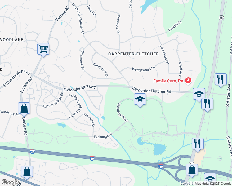 map of restaurants, bars, coffee shops, grocery stores, and more near 2645 Meridian Parkway in Durham
