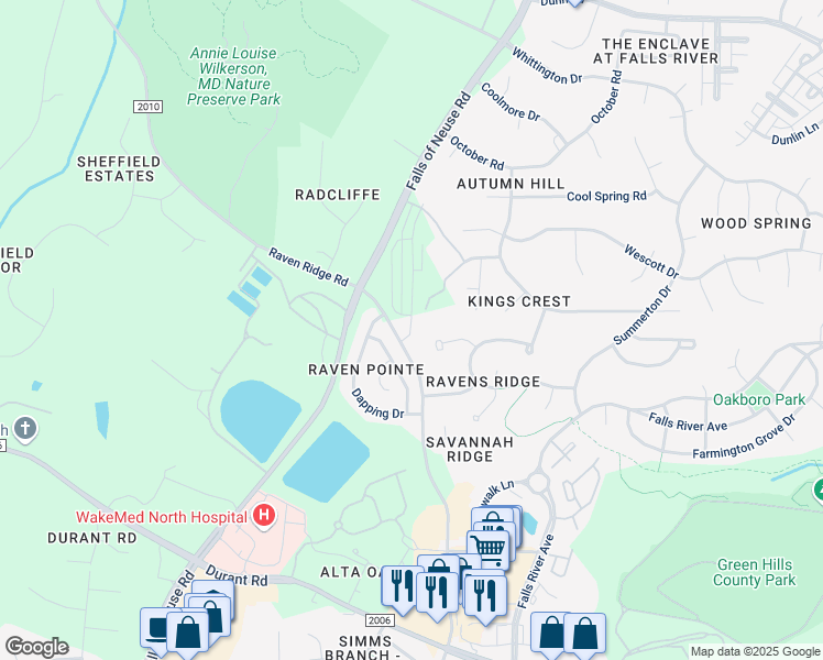 map of restaurants, bars, coffee shops, grocery stores, and more near 11258 Raven Ridge Road in Raleigh
