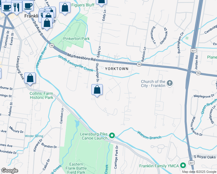 map of restaurants, bars, coffee shops, grocery stores, and more near West Chownings in Franklin