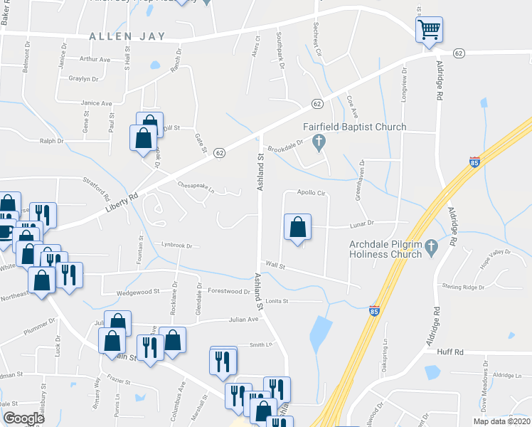 map of restaurants, bars, coffee shops, grocery stores, and more near 628 Ashland Street in High Point