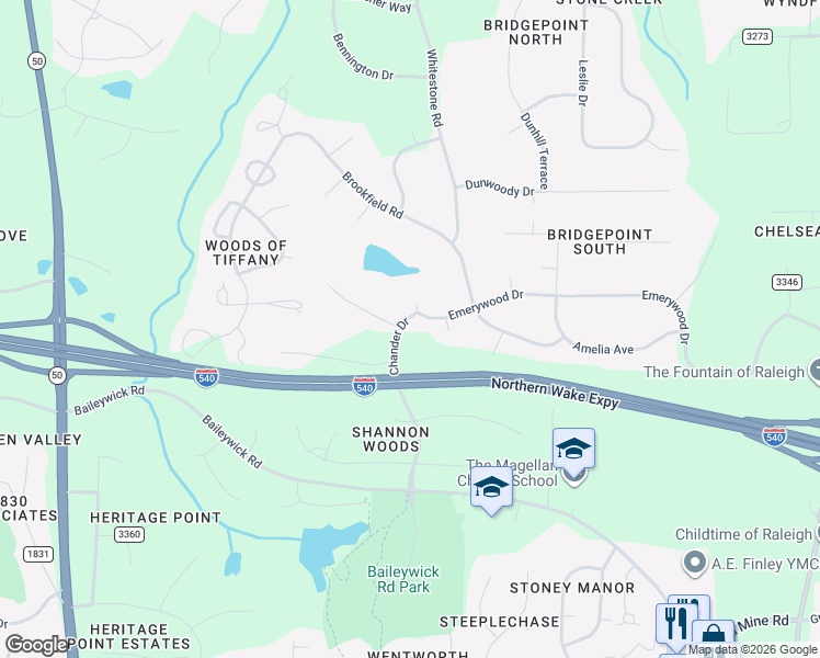 map of restaurants, bars, coffee shops, grocery stores, and more near 604 Emerywood Drive in Raleigh