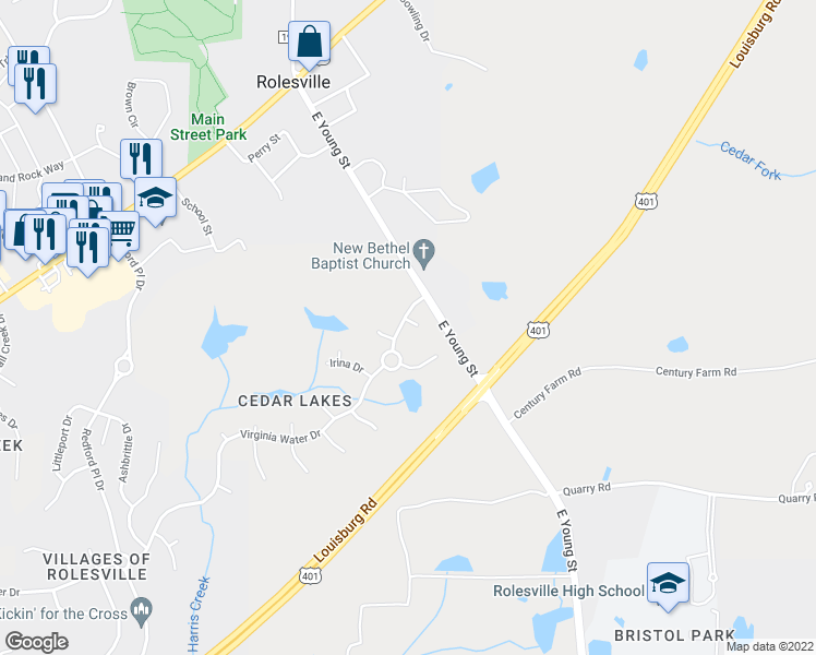 map of restaurants, bars, coffee shops, grocery stores, and more near 600 Montelban Court in Rolesville