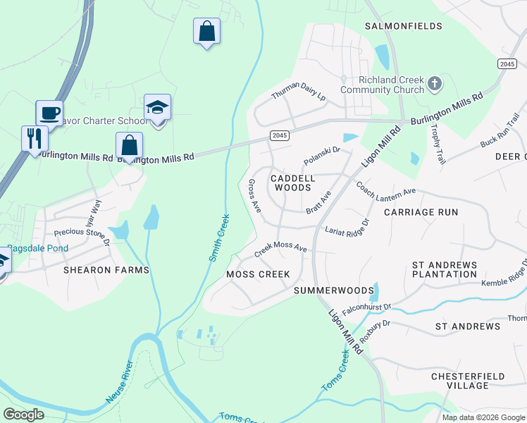 map of restaurants, bars, coffee shops, grocery stores, and more near 2814 Gross Avenue in Wake Forest