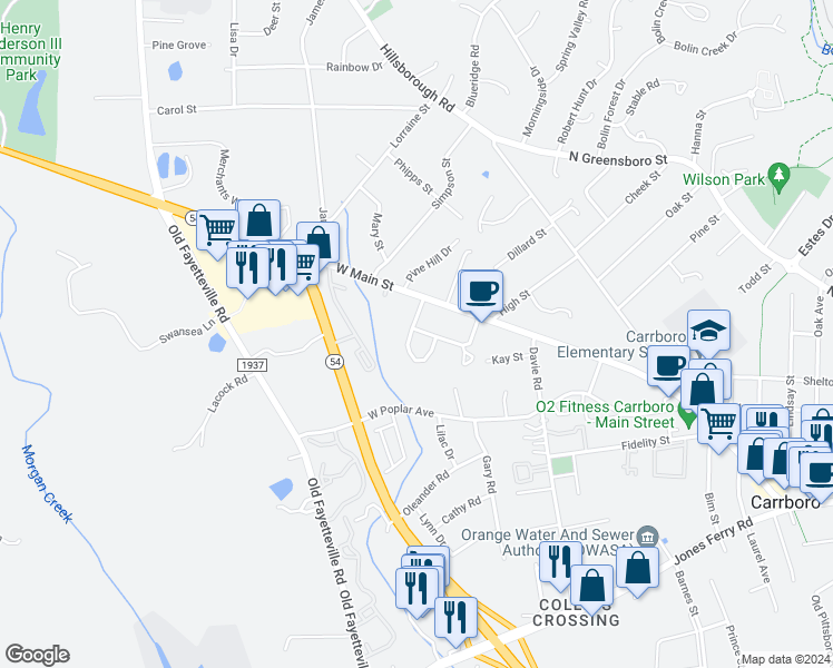 map of restaurants, bars, coffee shops, grocery stores, and more near in Carrboro