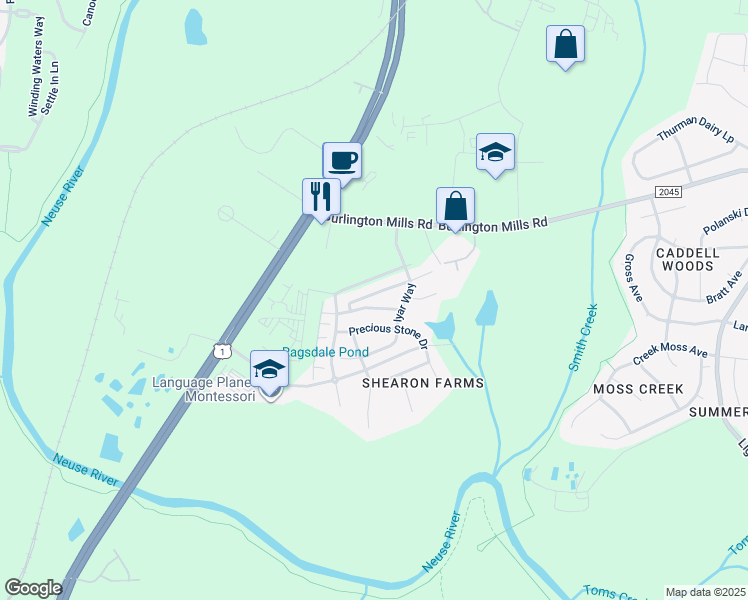 map of restaurants, bars, coffee shops, grocery stores, and more near 4472 Middletown Drive in Wake Forest