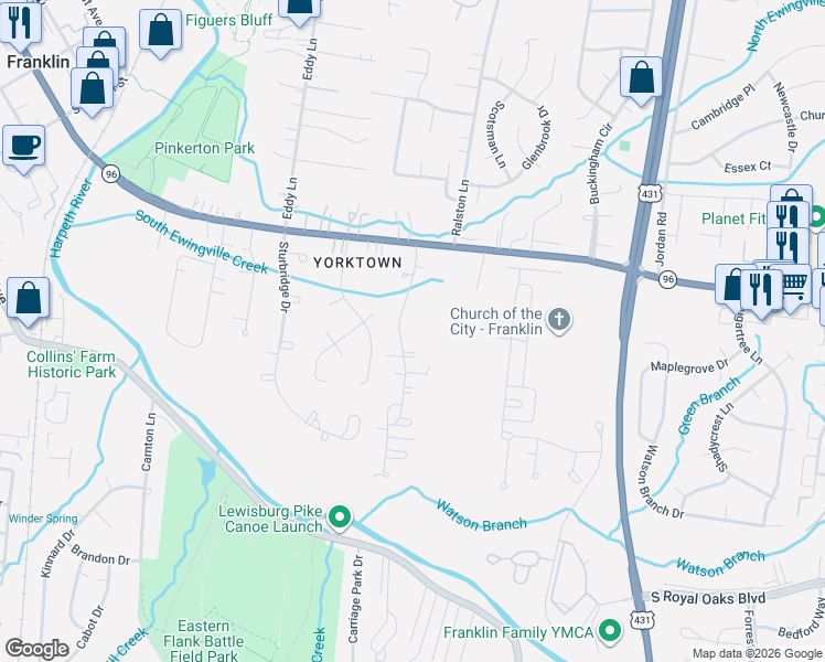 map of restaurants, bars, coffee shops, grocery stores, and more near 301 Watercress Drive in Franklin