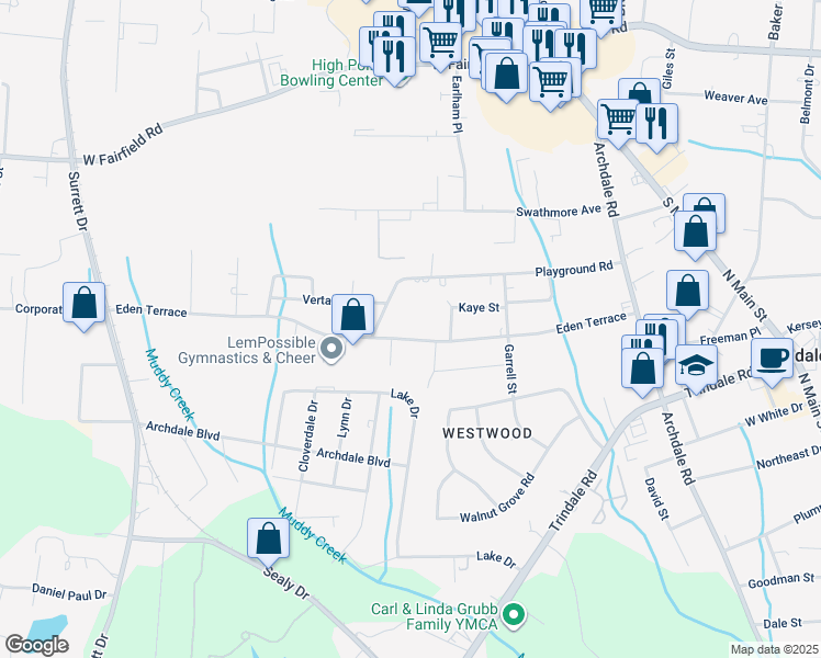 map of restaurants, bars, coffee shops, grocery stores, and more near 701 Playground Road in Archdale
