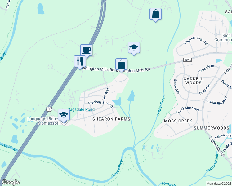 map of restaurants, bars, coffee shops, grocery stores, and more near 4530 Tarkiln Place in Wake Forest