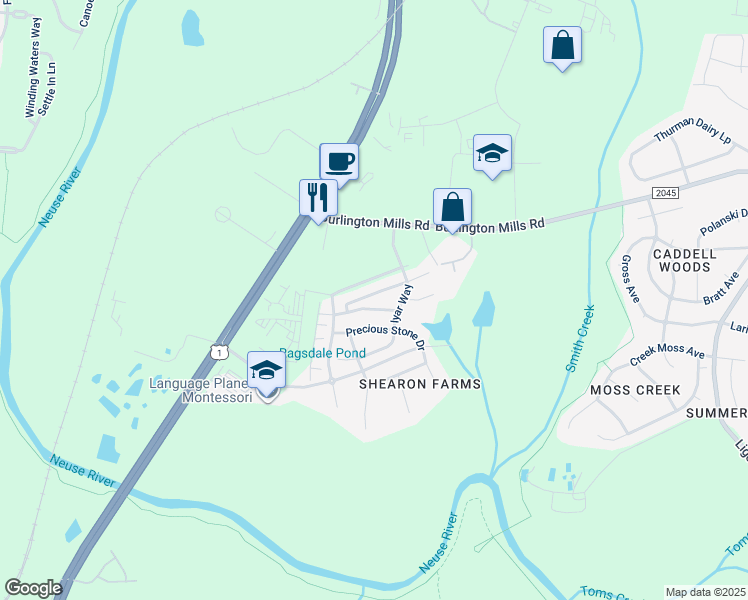 map of restaurants, bars, coffee shops, grocery stores, and more near 4476 Middletown Drive in Wake Forest