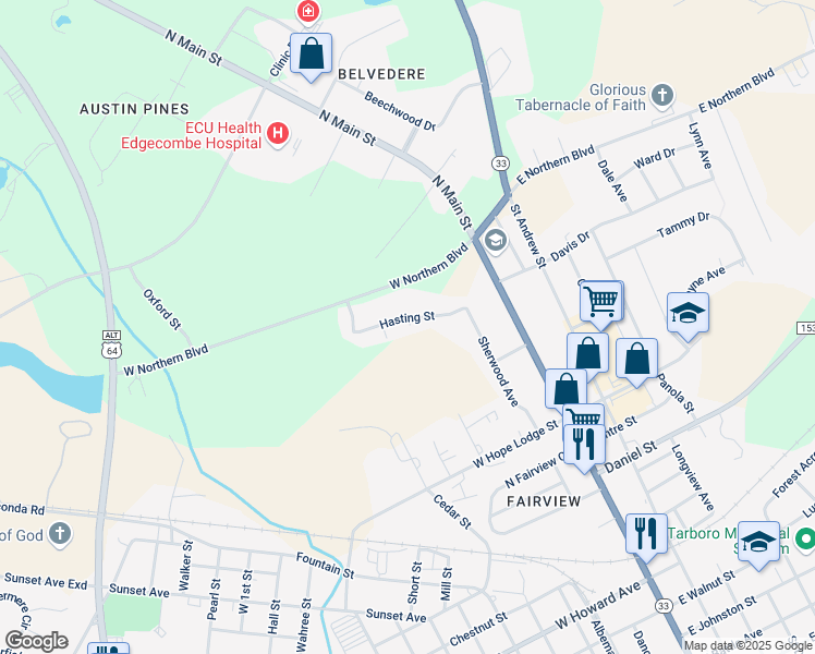 map of restaurants, bars, coffee shops, grocery stores, and more near 210 Hasting Street in Tarboro