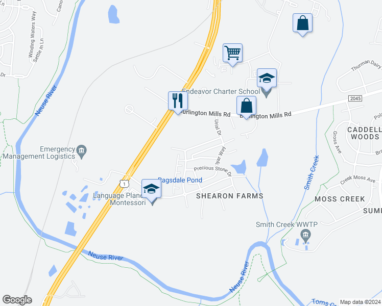 map of restaurants, bars, coffee shops, grocery stores, and more near 4439 Middletown Drive in Wake Forest